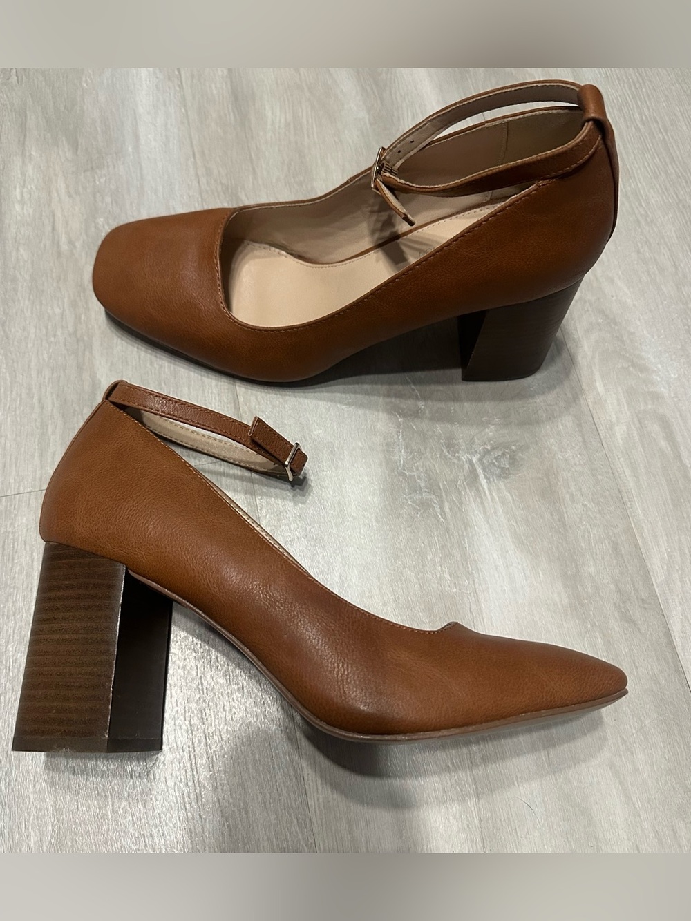 Michael Kors Brown Leather Square Toe Ankle Strap Block Heels Sz 9.5